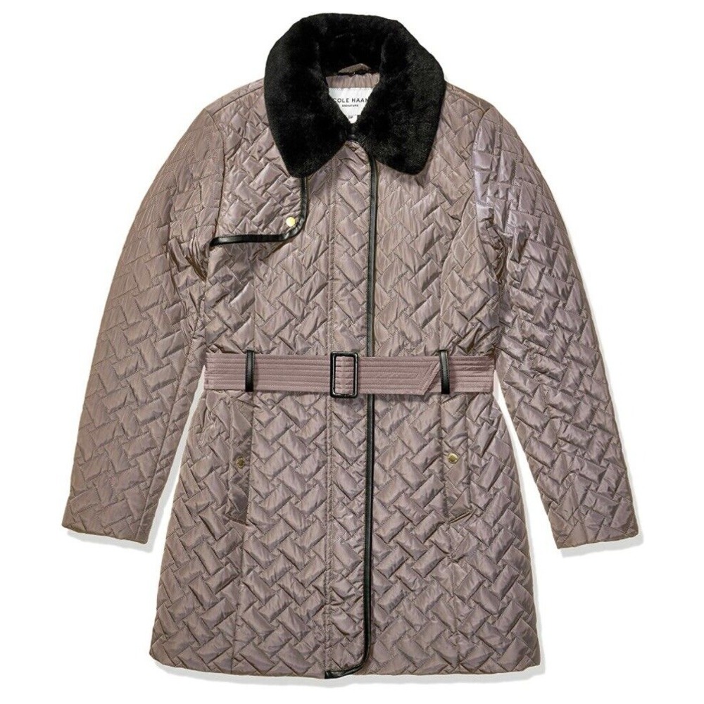 Cole Haan‎ Women's Quilted Trench Coat, sz Large, Cashew